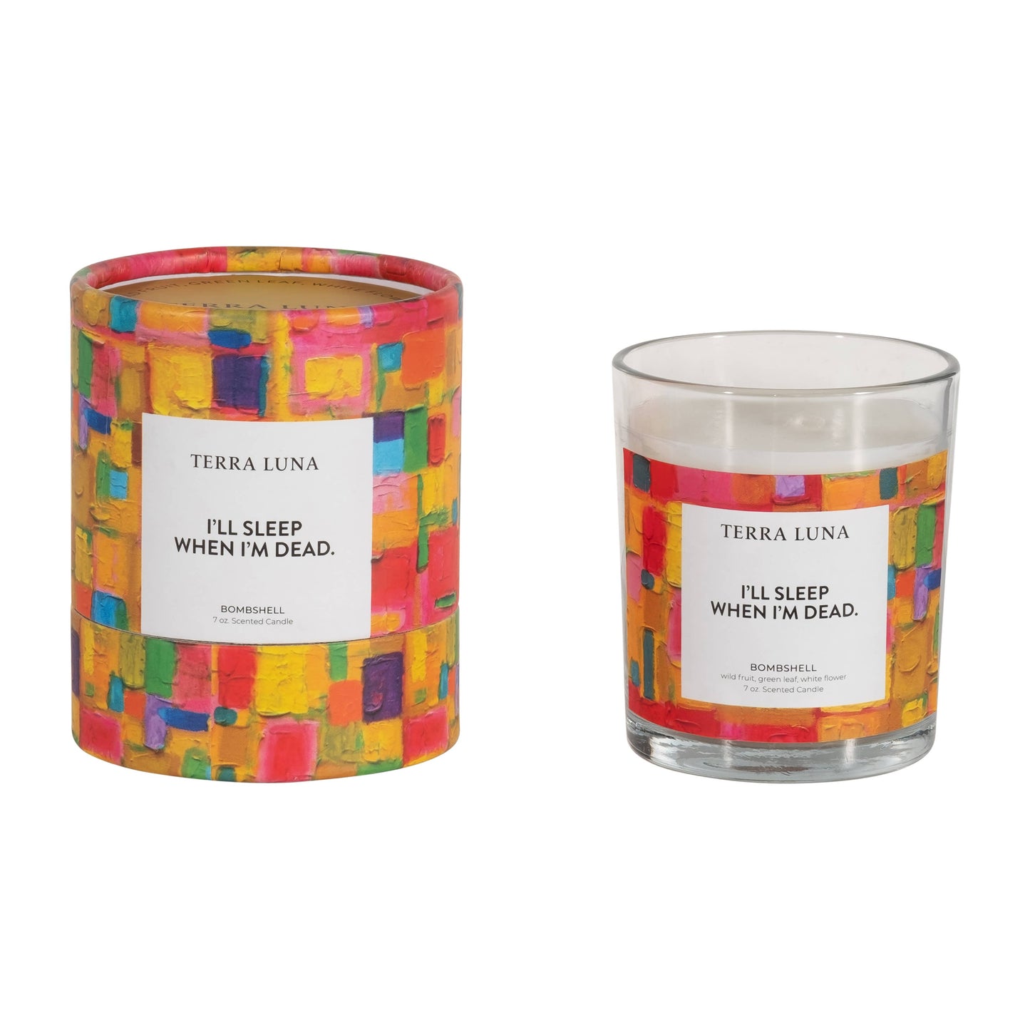 Boxed Candle - Yellow/Orange Glass "Sleep When Dead", 7 Oz