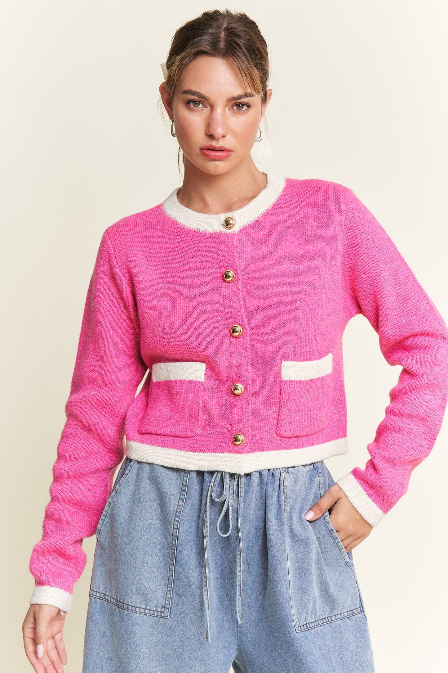 Pink Round Neck Boho Cardigan