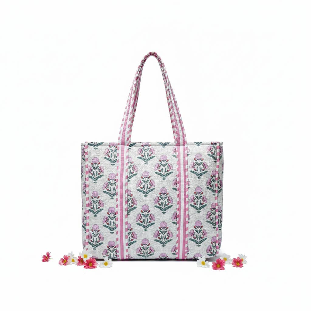 Handmade Block Print Quilted Cotton Tote