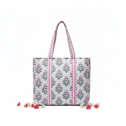 Handmade Block Print Quilted Cotton Tote