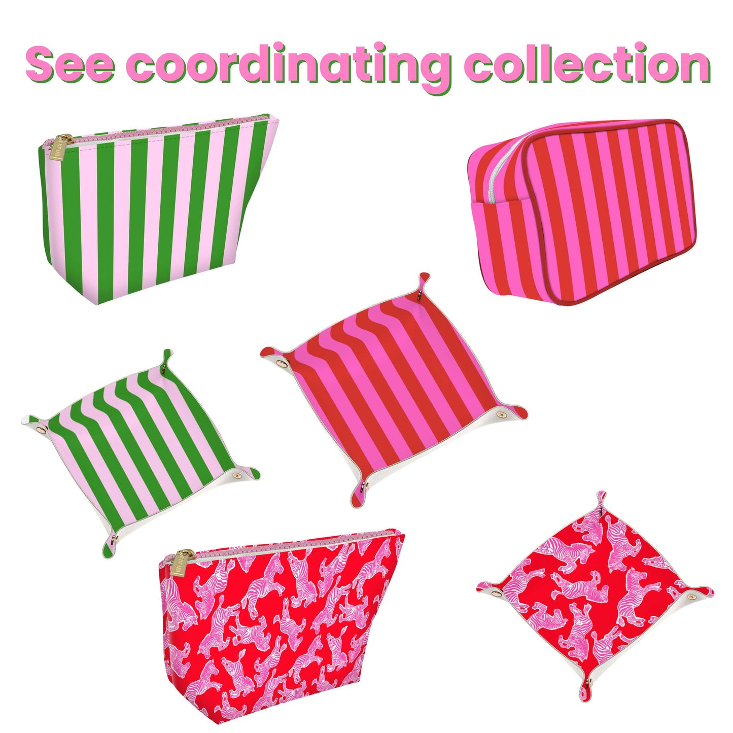 Cute pouch + cosmetic bag | leather pink & green stripe