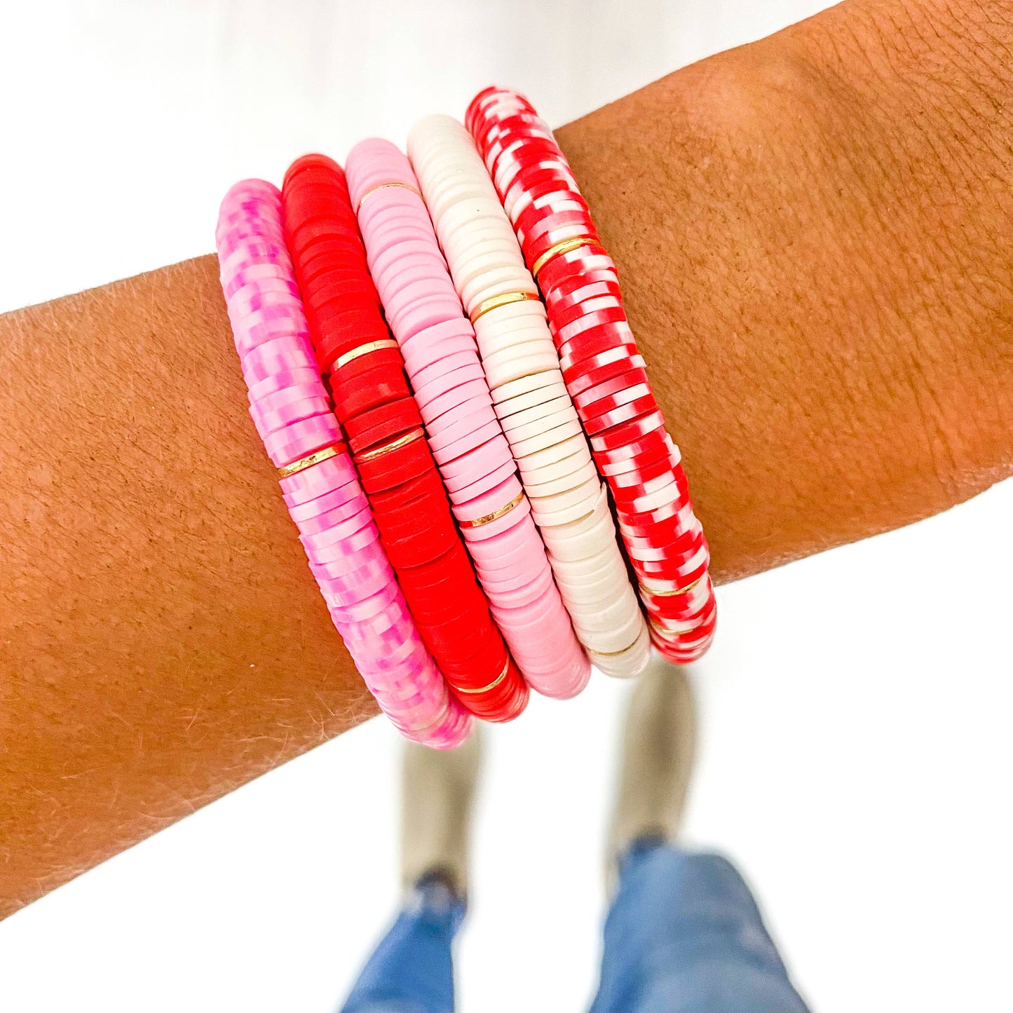 Red Pink and White Vinyl Heishi Bracelet Mix: Light Pink Speckle Dalmatian