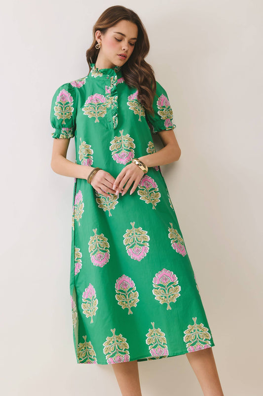 Floral Print Ruffle Collar Button Down Midi Dress