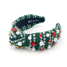 Load image into Gallery viewer, Green &amp; White Knit Winter Headband With Crystals &amp; Pearls
