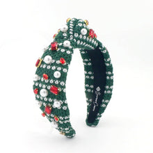 Load image into Gallery viewer, Green &amp; White Knit Winter Headband With Crystals &amp; Pearls
