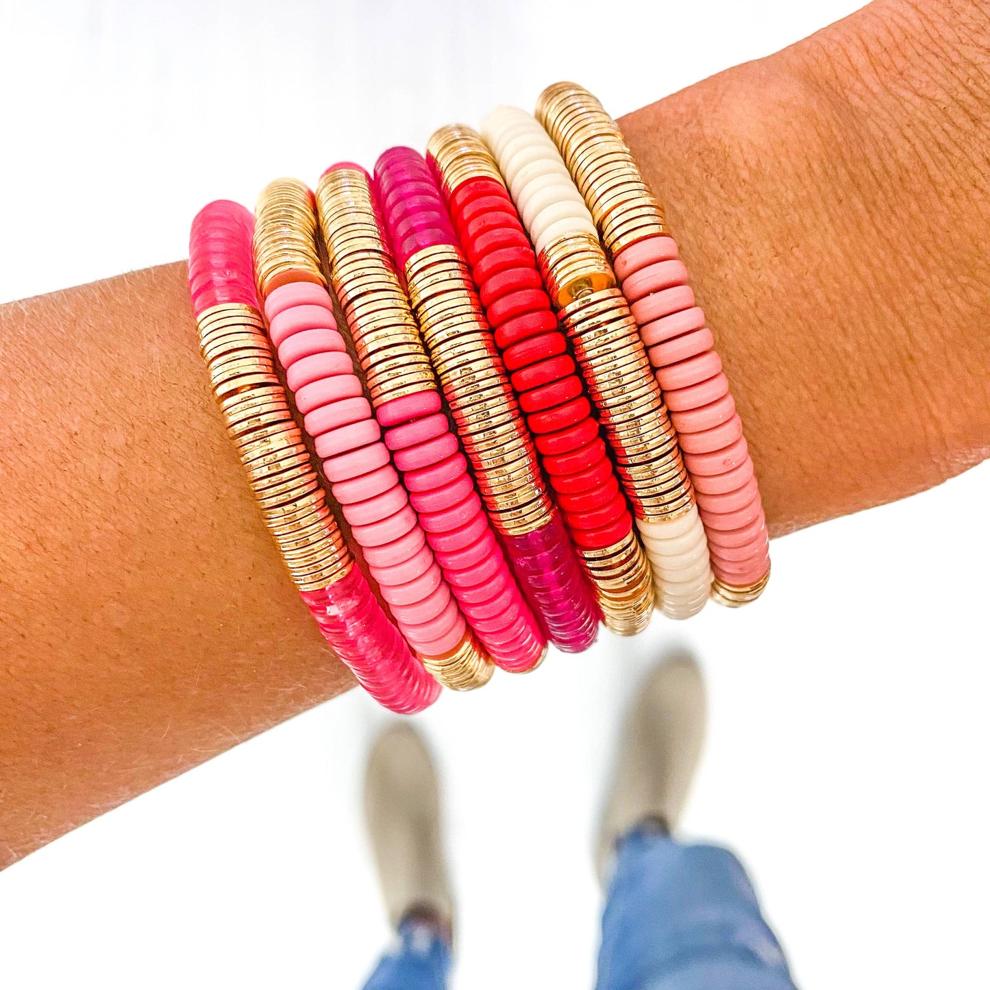 Red Pink Ivory Acrylic Disc Bracelet: Clear Dark Pink