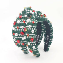 Load image into Gallery viewer, Green &amp; White Knit Winter Headband With Crystals &amp; Pearls
