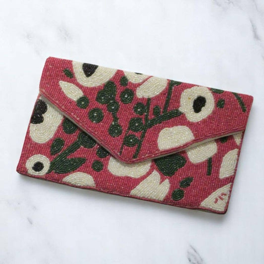 Posta Clutch Hand Beaded Pink & White Floral Design