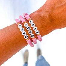 Load image into Gallery viewer, Valentine word Heishi Bracelets: Gold Bead-Pink white red heart
