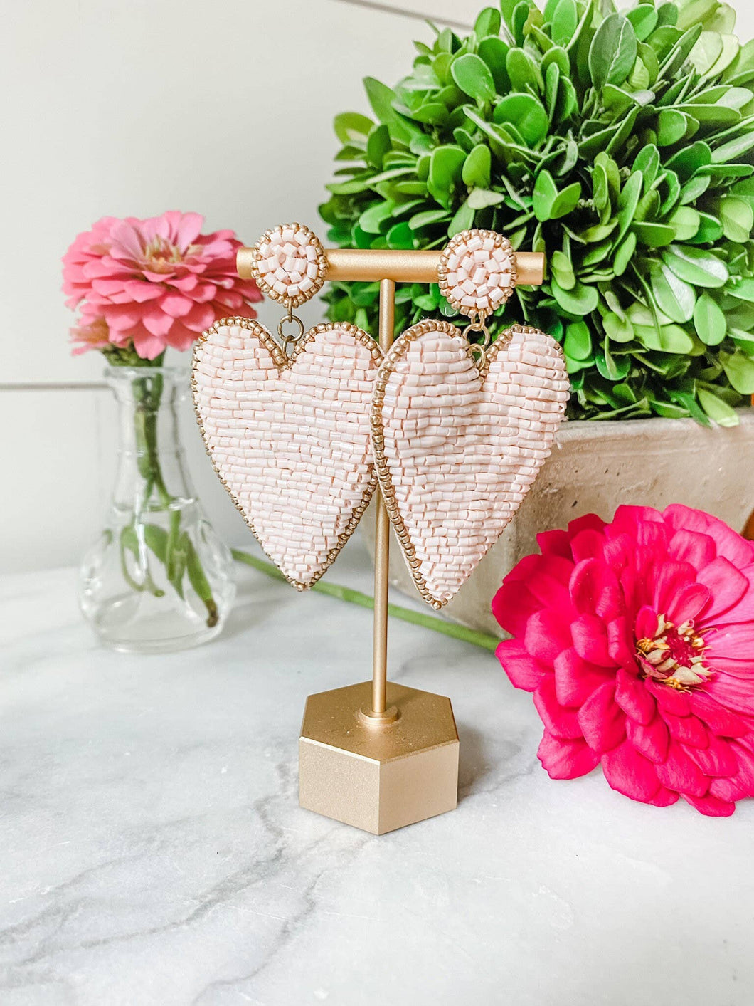 Light Pink Beaded Heart Earrings with Gold Accents