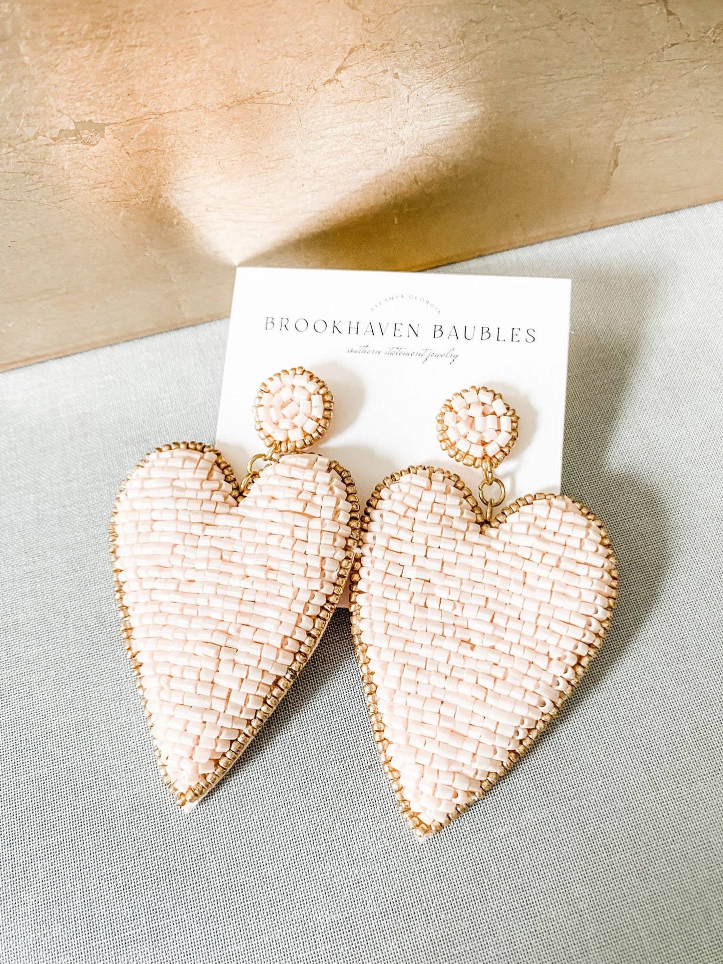 Light Pink Beaded Heart Earrings with Gold Accents