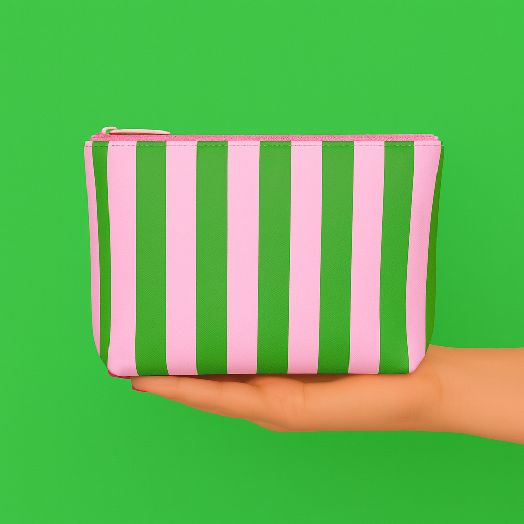 Cute pouch + cosmetic bag | leather pink & green stripe