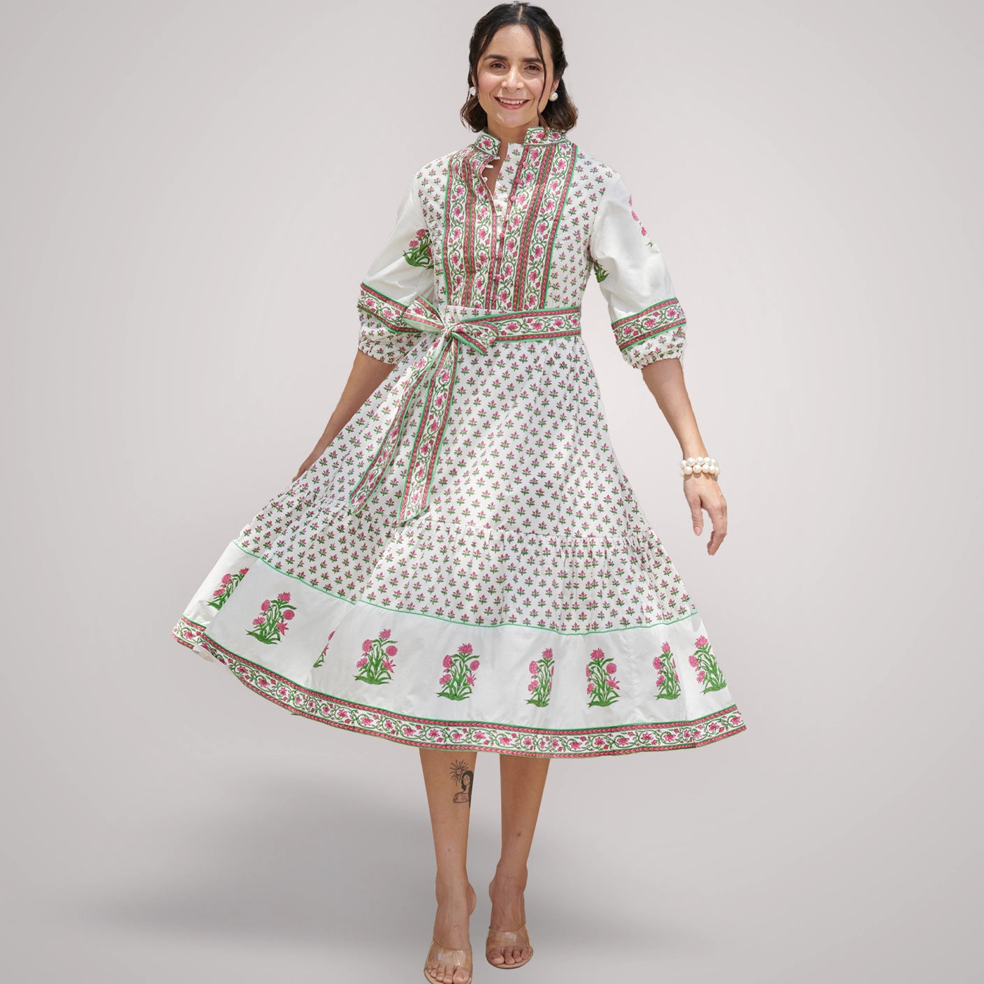 Midi Dress | Pink/White | Block Print Dress | Sage Dress