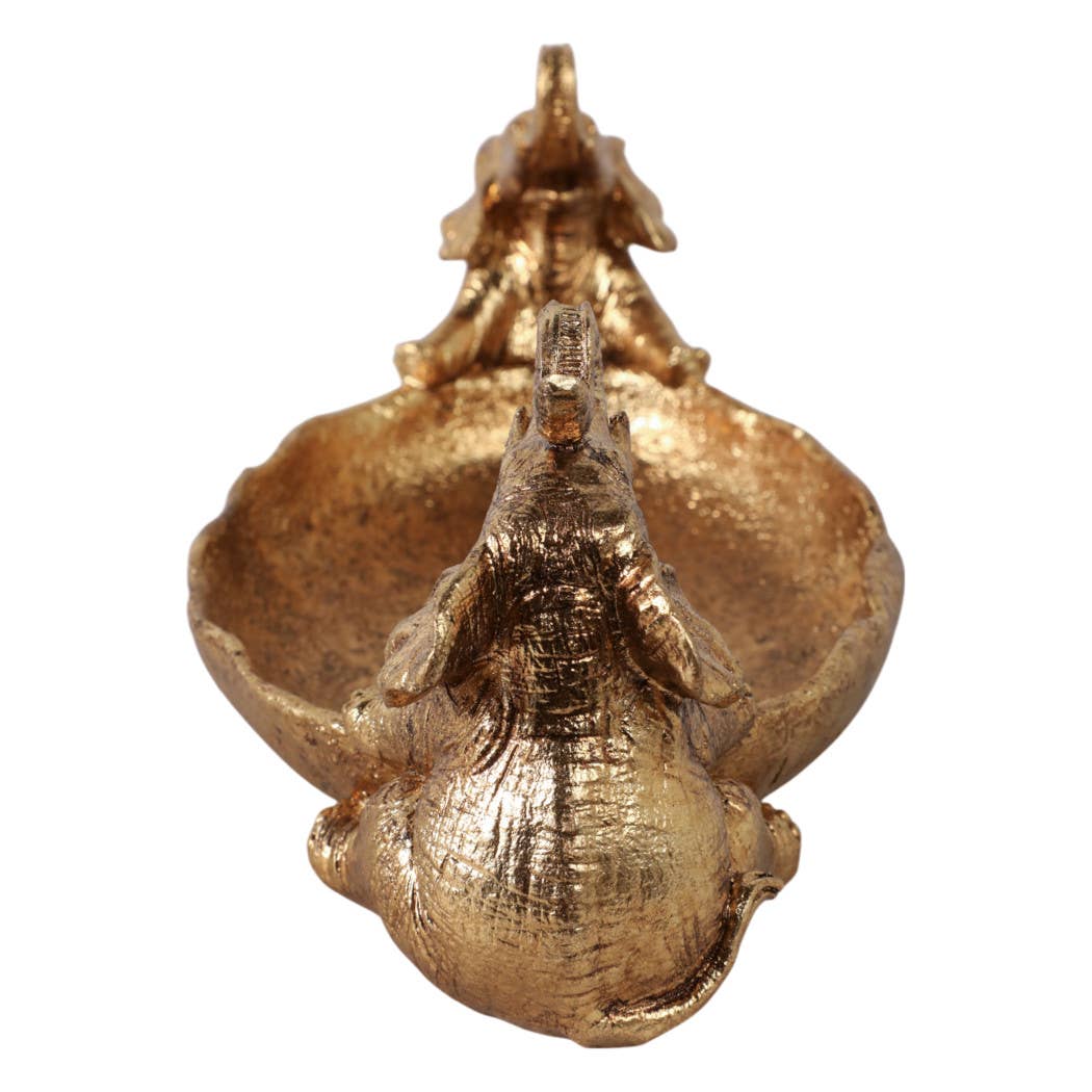 Resin Two Elephant Figurines Holding Bowl - Gold, 14 in.