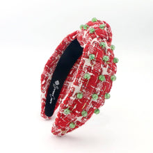 Load image into Gallery viewer, Red &amp; White Tweed Headband with Green Glass Beads
