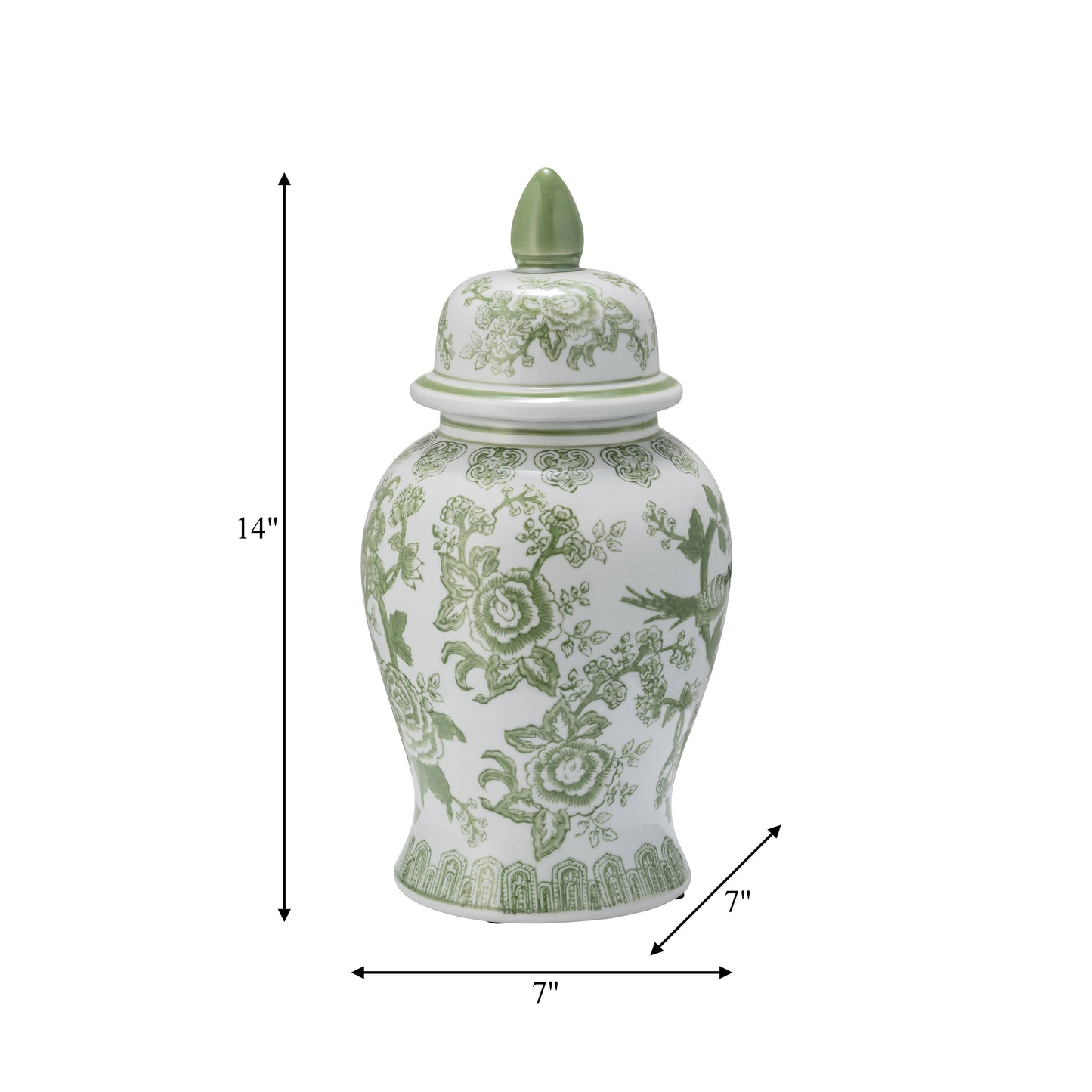 Green/White Bird and Flower Temple Chinoiserie Jar