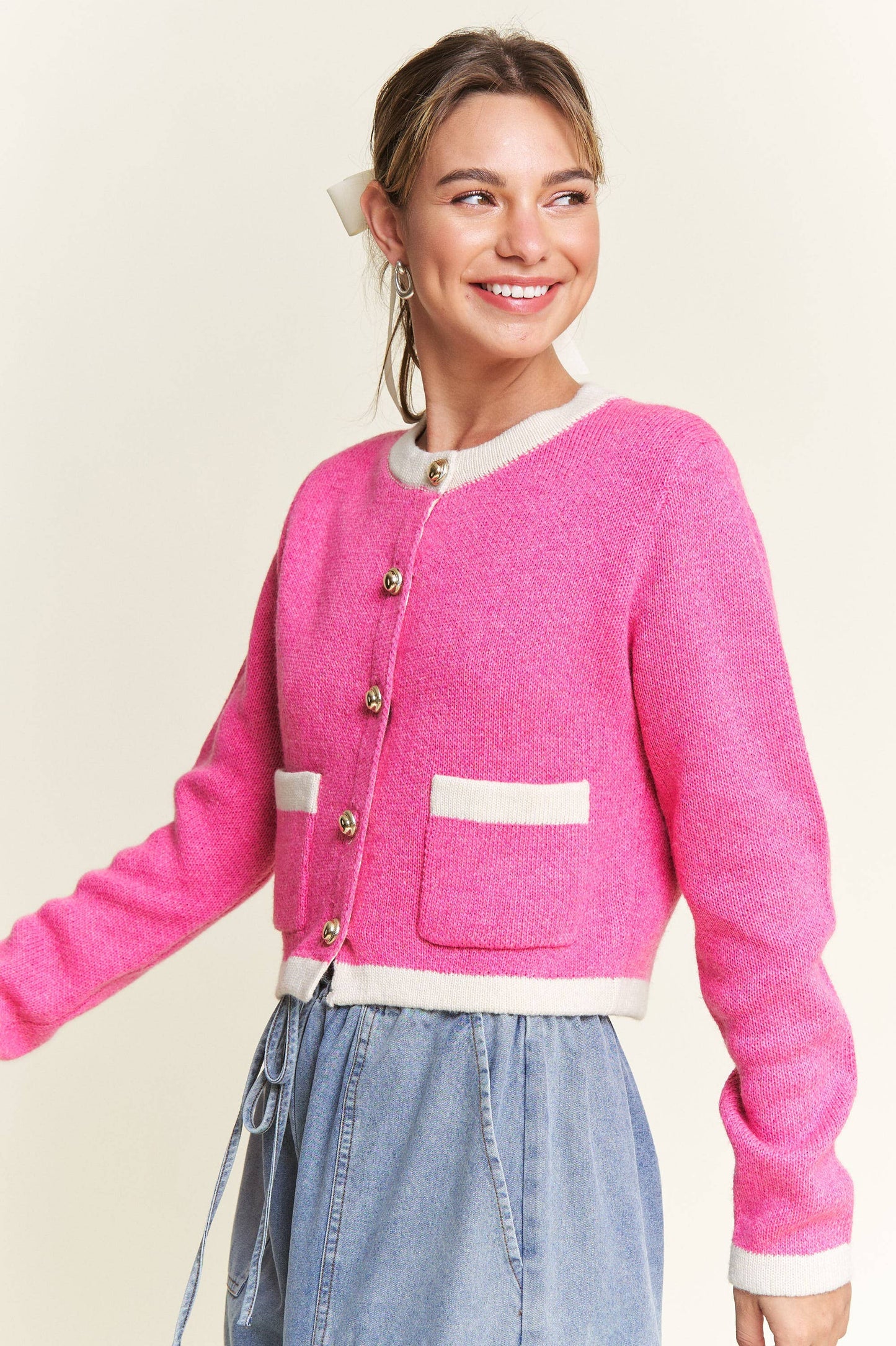 Pink Round Neck Boho Cardigan