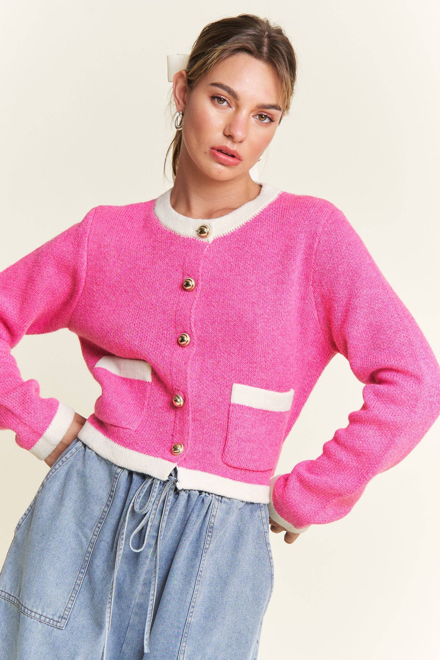 Pink Round Neck Boho Cardigan