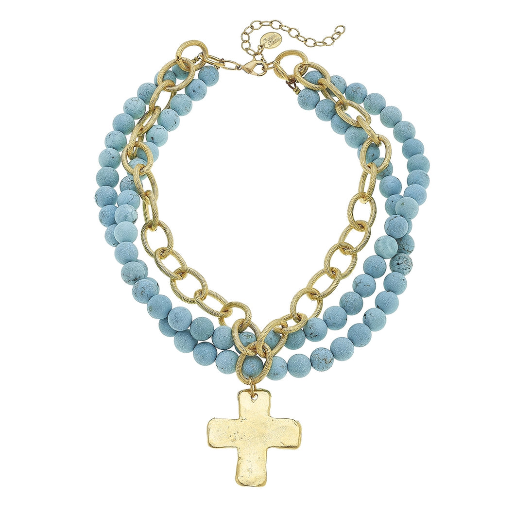 Gold Cross on Genuine Matte Turquoise Necklace