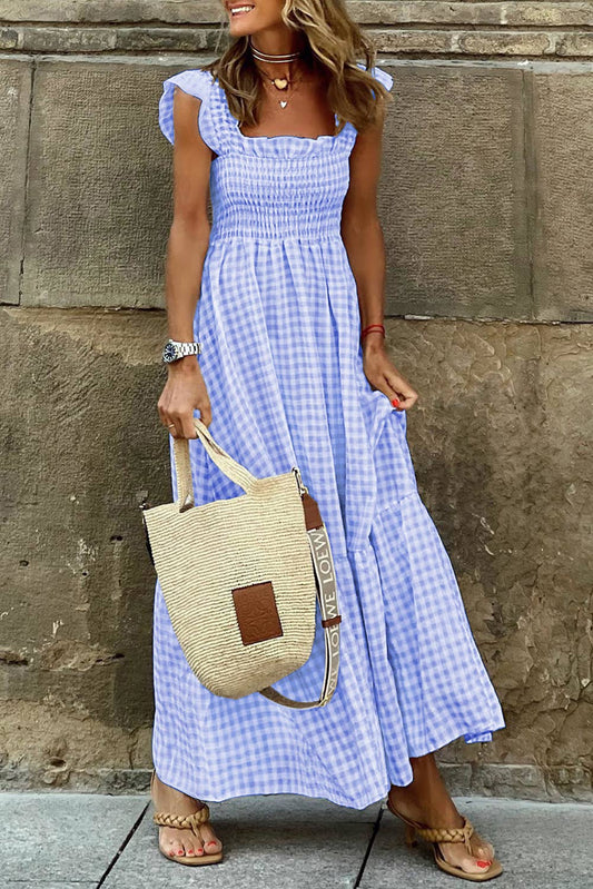 Plaid Square Neck Fit-and-flared Vacation Sundress