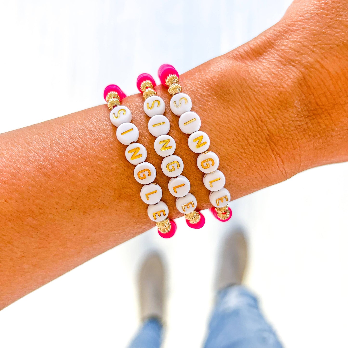 Valentine word Heishi Bracelets: Gold Bead-Pink white red heart