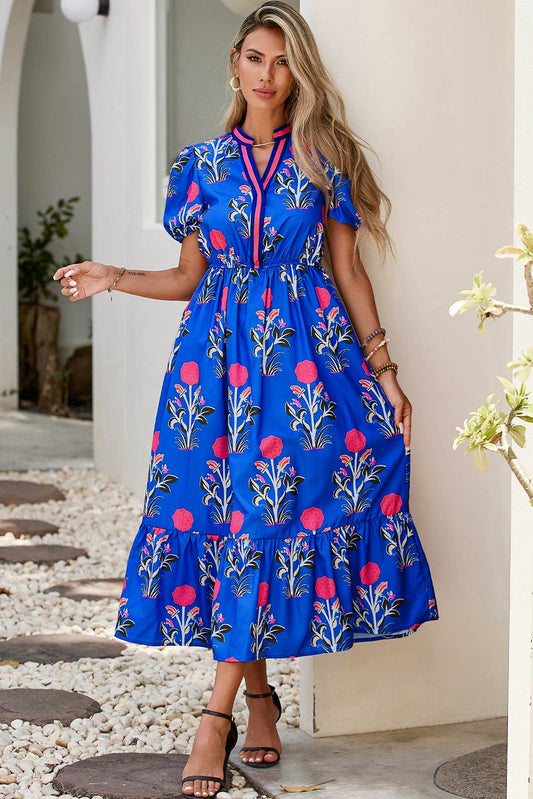 LDC Floral Puff Short Sleeve V Neck High Waist Maxi Dress