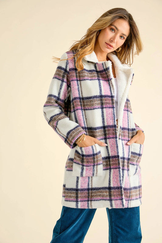 Faux Fur Plaid Button Down Coat