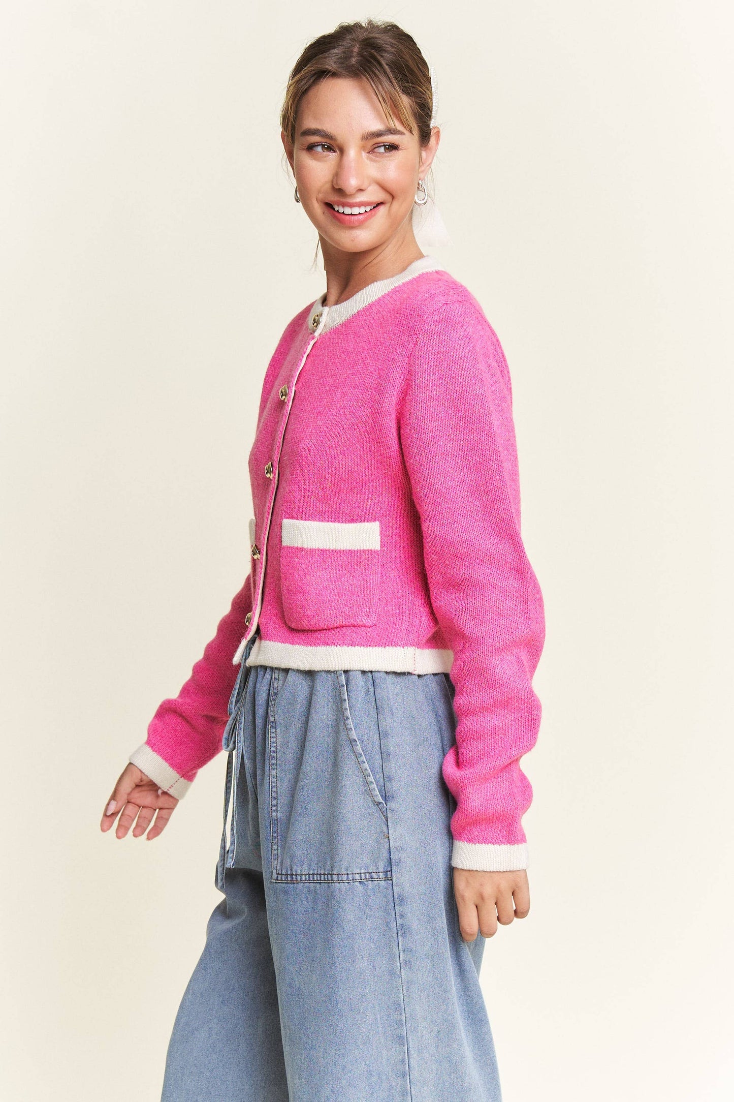 Pink Round Neck Boho Cardigan