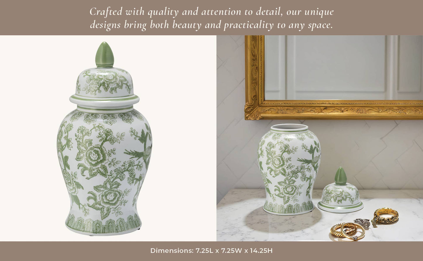 Green/White Bird and Flower Temple Chinoiserie Jar
