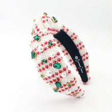 Load image into Gallery viewer, White &amp; Red Knit Winter Headband With Crystals &amp; Pearls
