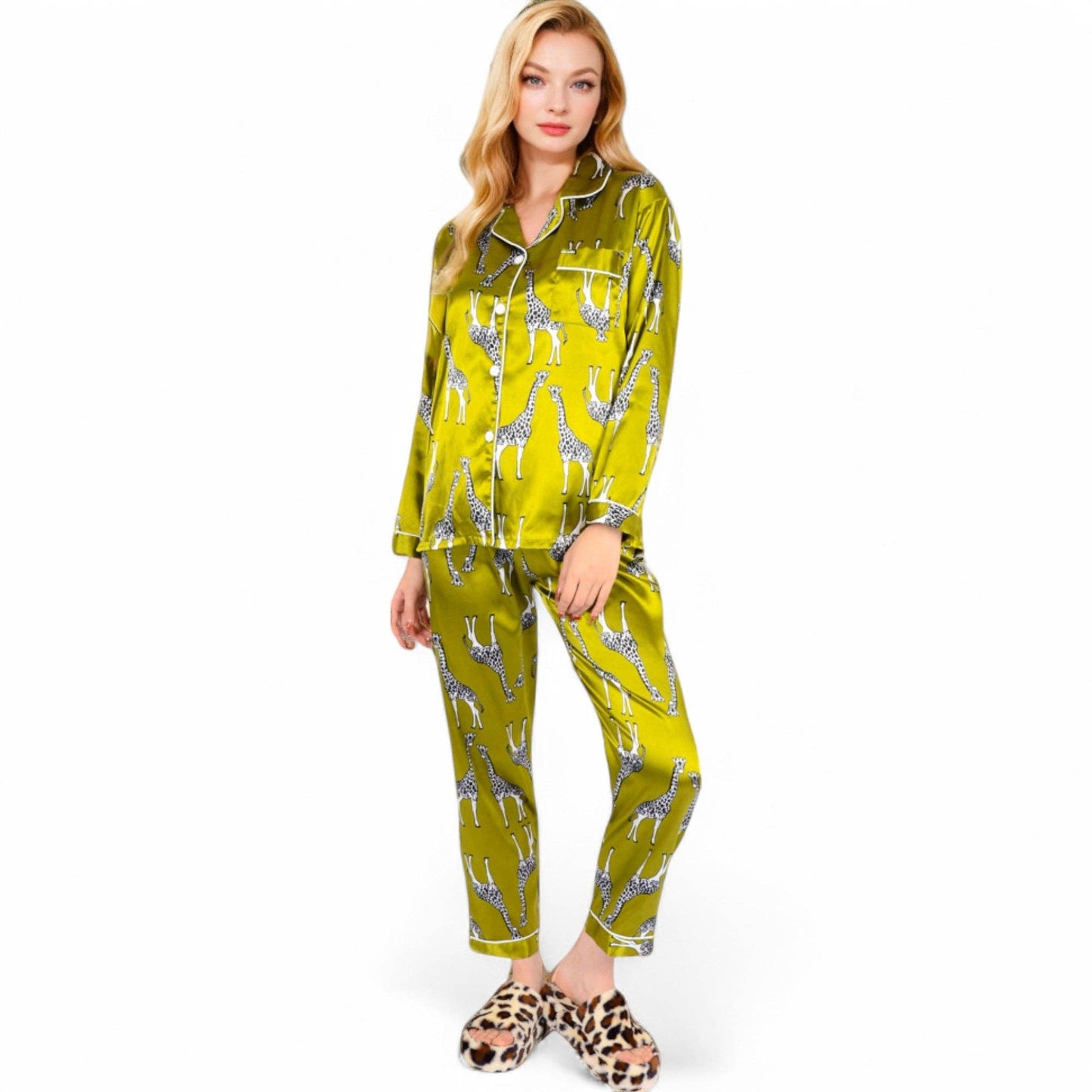 Satin Pajama Set with Giraffe Print and Button-Down Top