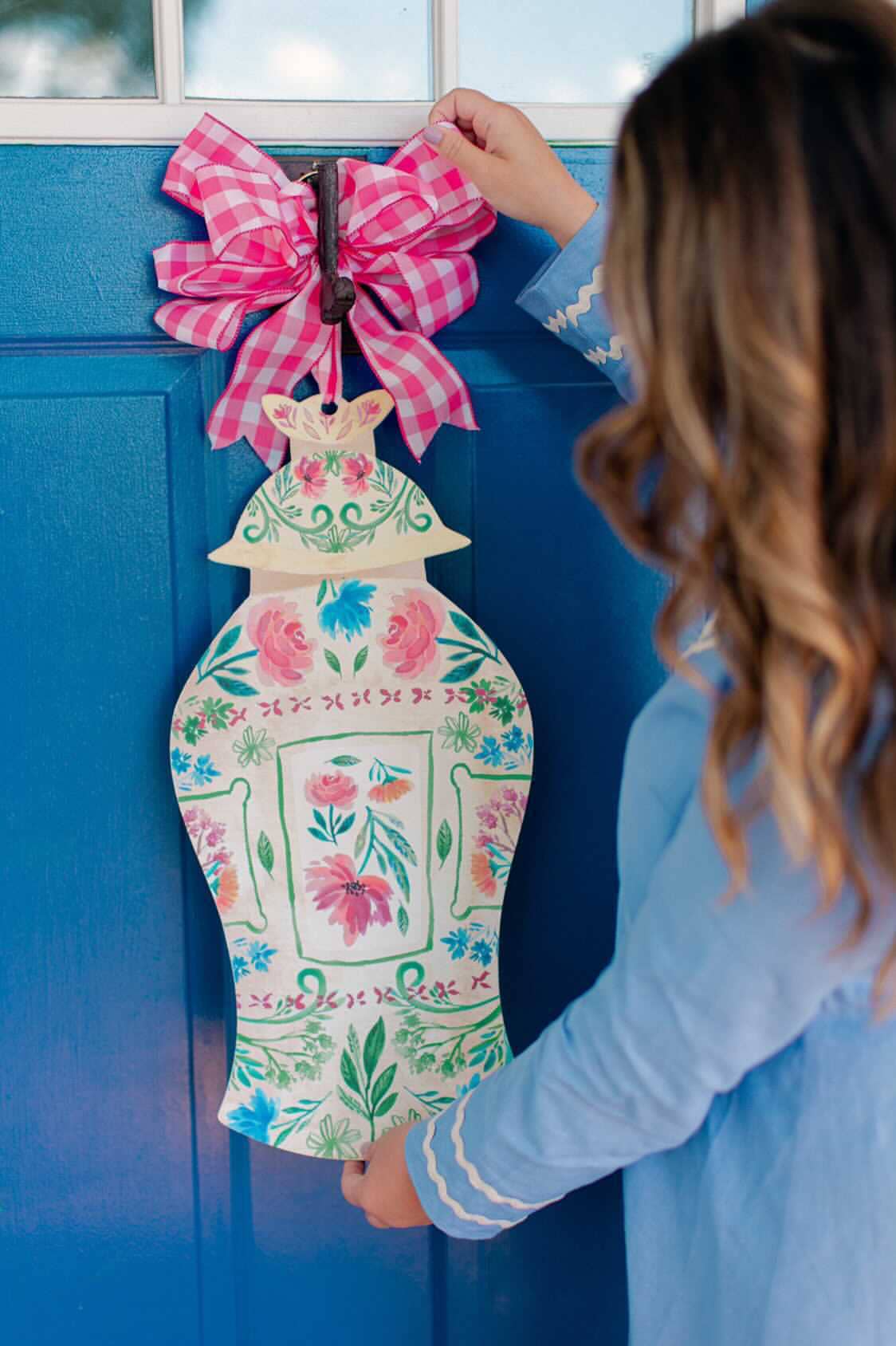 Rose Marie Ginger Jar Door Hanger: Hot pink and white gingham