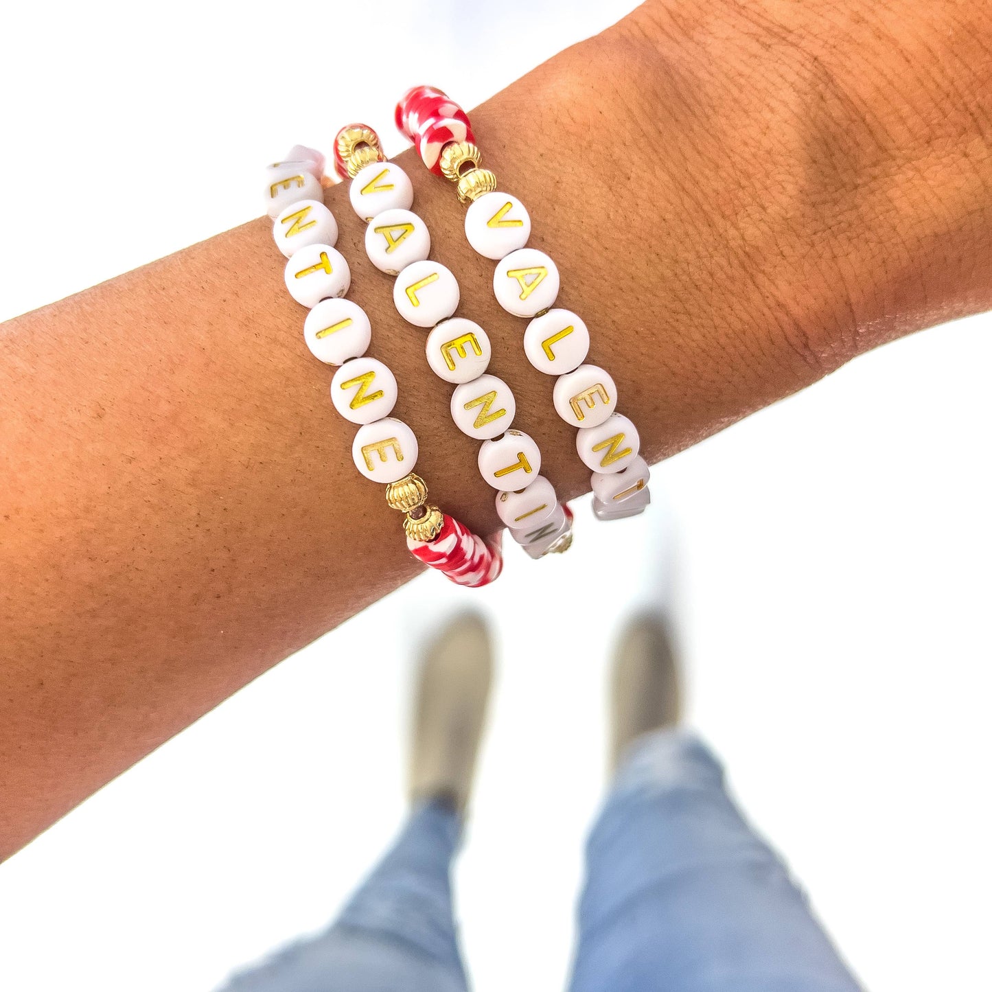 Valentine word Heishi Bracelets: Gold Bead-Pink white red heart