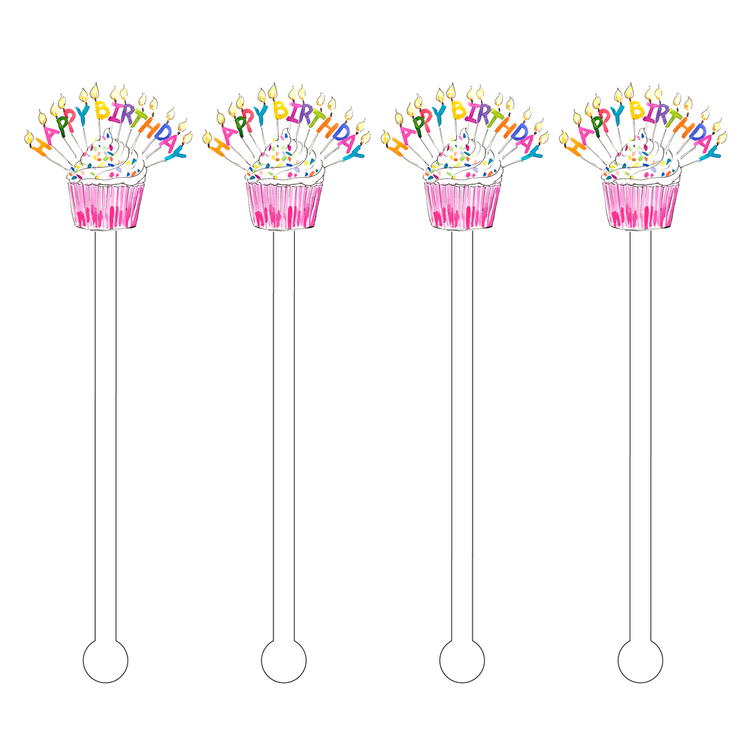 ACRYLIC STICKS, LLC - HAPPY BIRTHDAY SPRINKLE CUPCAKE ACRYLIC STIR STICKS