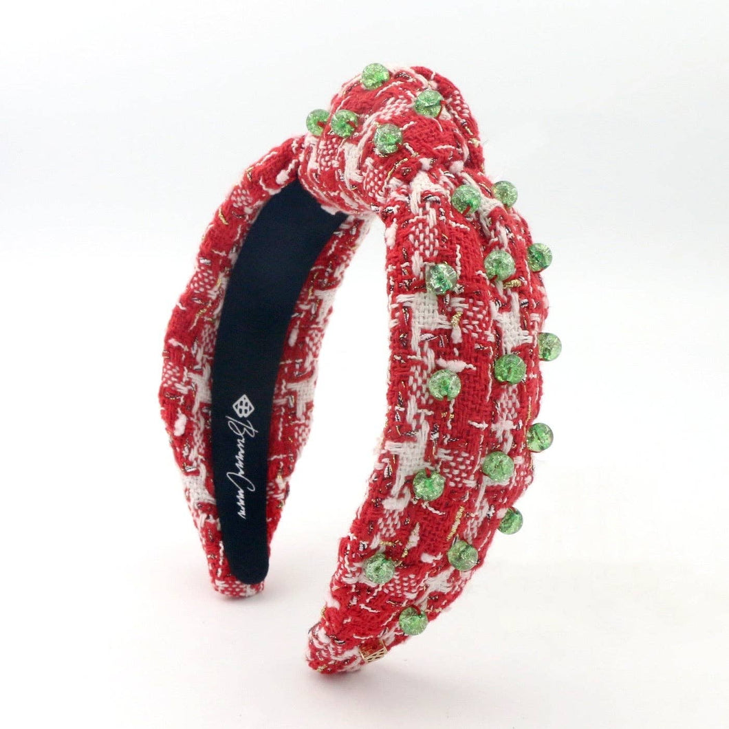Red & White Tweed Headband with Green Glass Beads
